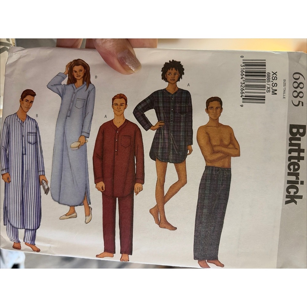 2001 Butterick 6885 Unisex Nightshirt Pants Size XS S M Vintage Sewing Pattern
